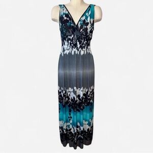 A.C.E Fashion Silk Blend Floral Maxi Dress M Crisscross Back Boho Blue & Black